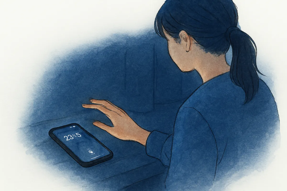 夜の暗い部屋でスマホの画面を前に手を止める女性の手元
