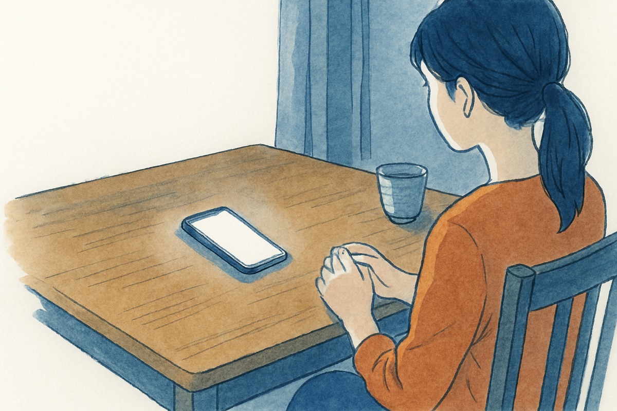 通知の表示が変わったスマホをテーブル越しに見つめる様子