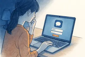 夜の部屋でノートパソコンのログイン画面を前に手を止める女性の手元