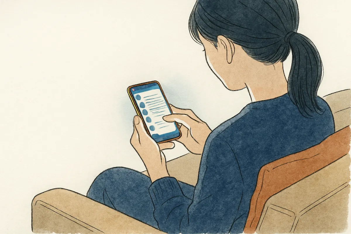 深夜にソファでスマホのトーク一覧を見つめる女性の手元