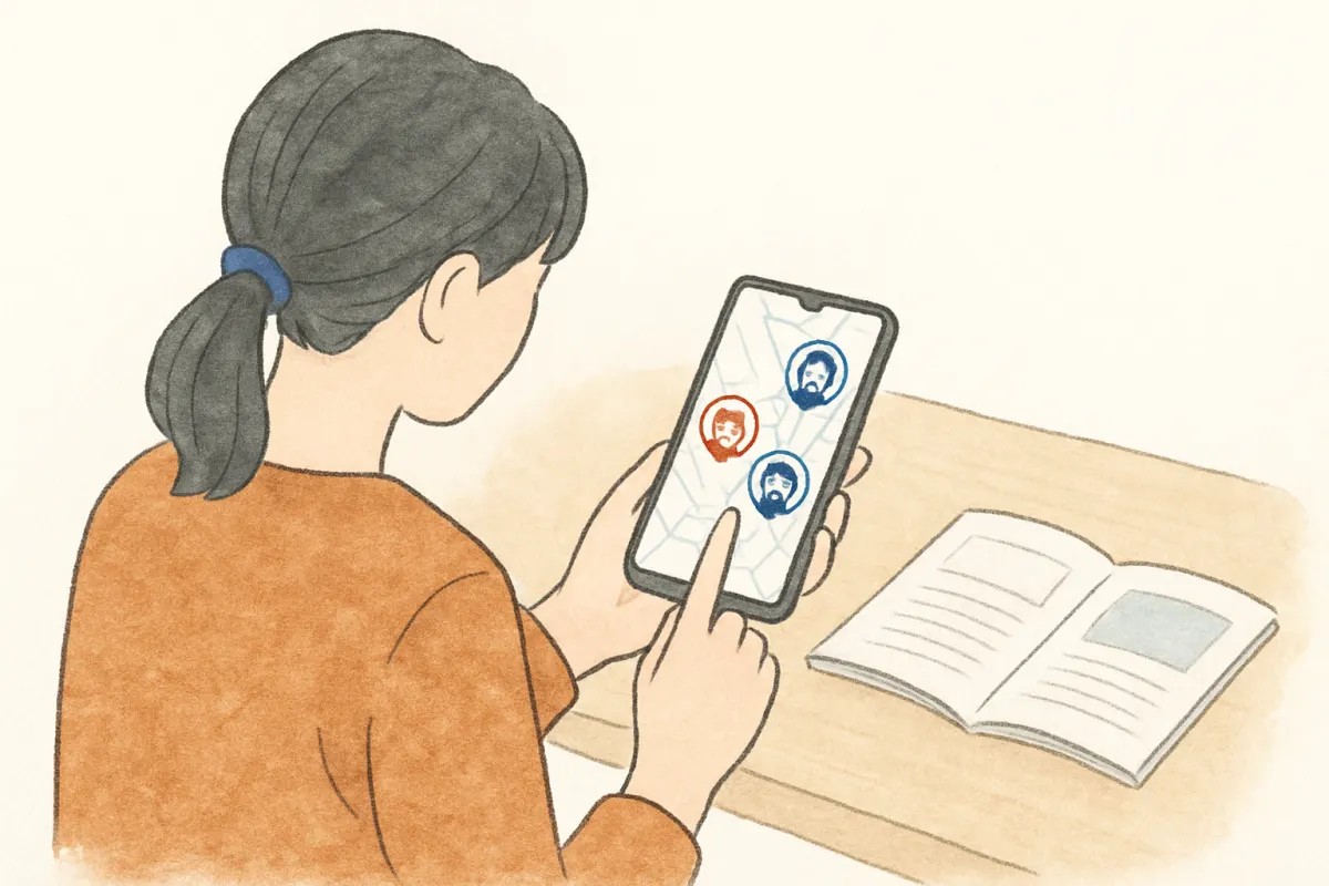 スマホの地図アプリで家族の位置を確認する女性の手元