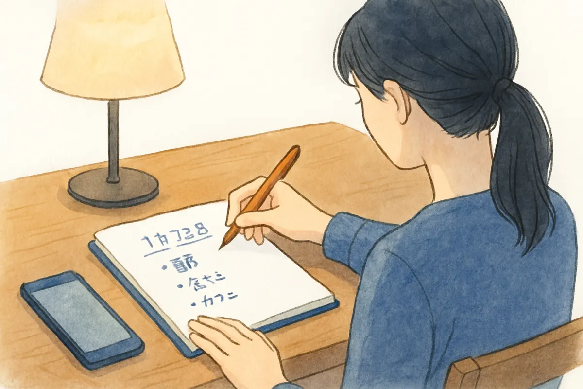 ノートに外出のパターンを書き出す女性の手元