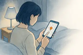 夜の寝室でスマホの地図画面を見つめる女性の手元