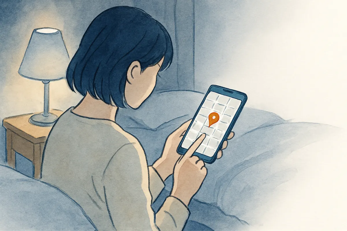 夜の寝室でスマホの地図画面を見つめる女性の手元