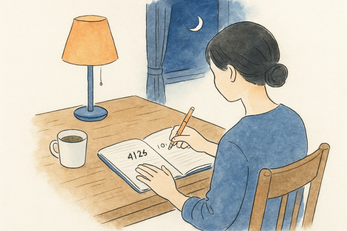 気になった日時をノートに記録する女性の手元