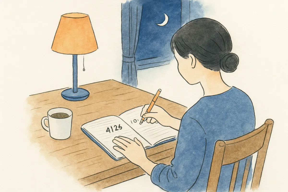 気になった日時をノートに記録する女性の手元