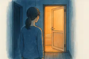 夜の廊下から、明かりのついた浴室のドアを見つめて立ち尽くす女性の後ろ姿