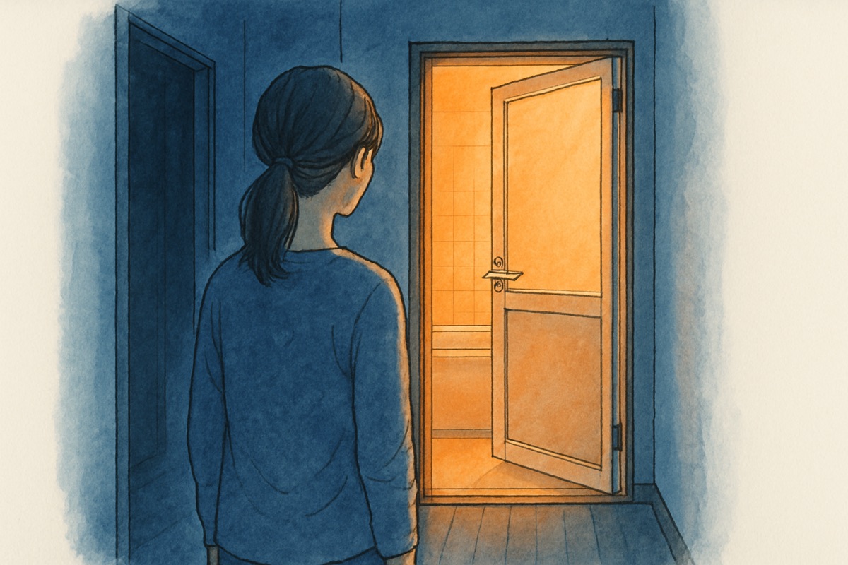 夜の廊下から、明かりのついた浴室のドアを見つめて立ち尽くす女性の後ろ姿