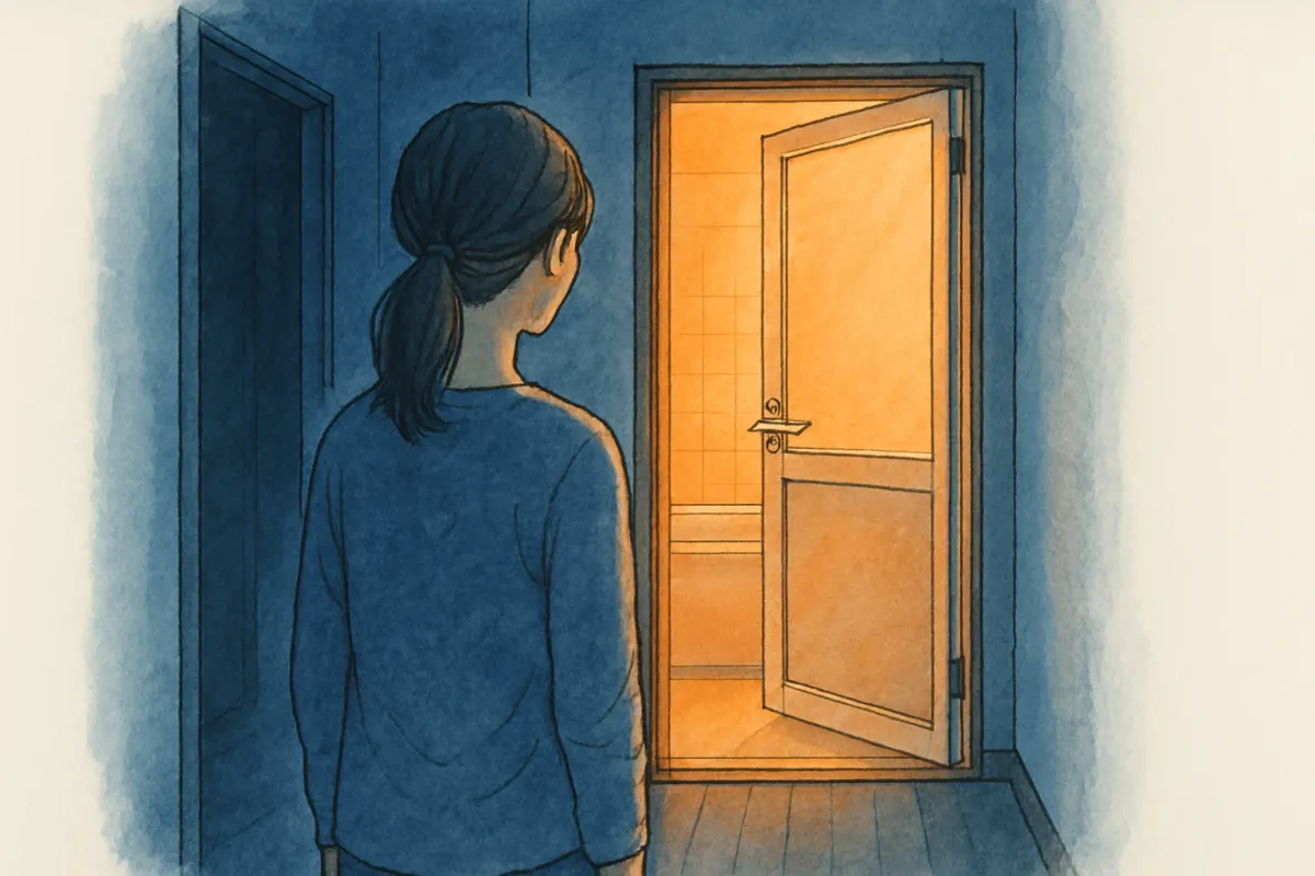 夜の廊下から、明かりのついた浴室のドアを見つめて立ち尽くす女性の後ろ姿