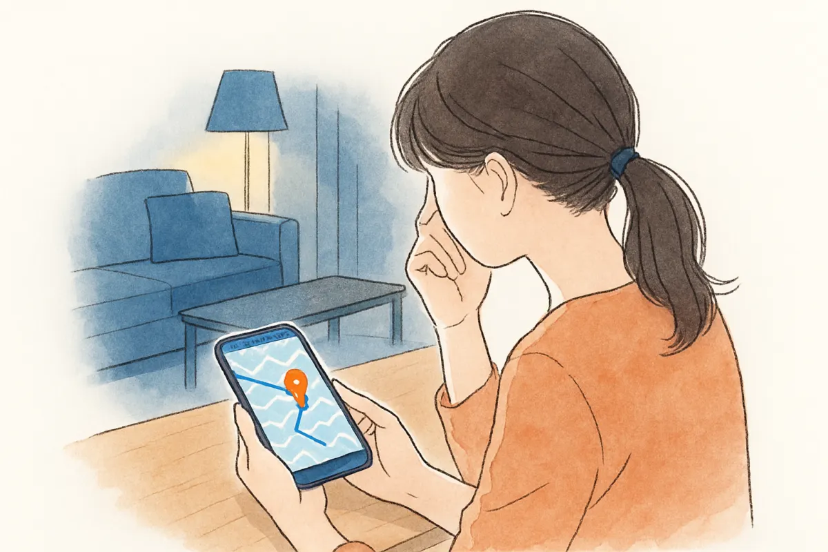 地図アプリの位置情報を見つめて考え込む女性の手元