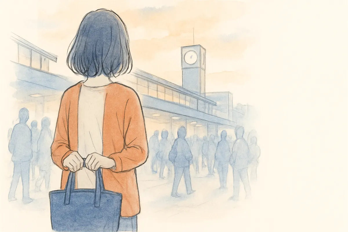駅前の雑踏の中で立ち止まりバッグの持ち手を握る女性の後ろ姿