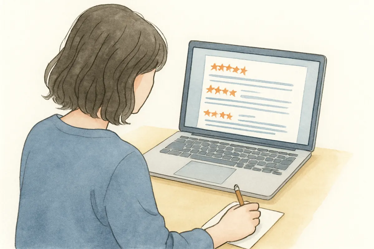 口コミサイトの内容を慎重に読み込む様子