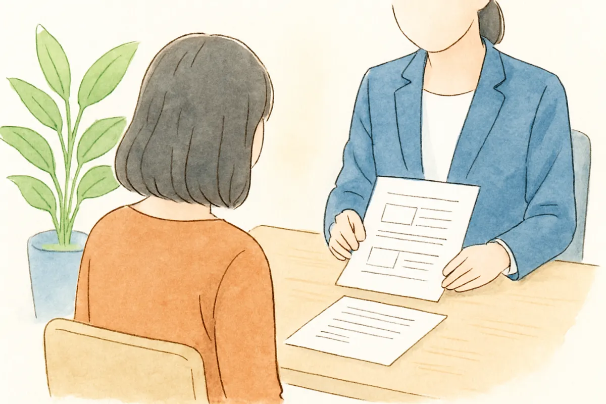 面談ブースで書類を前に話を聞く女性