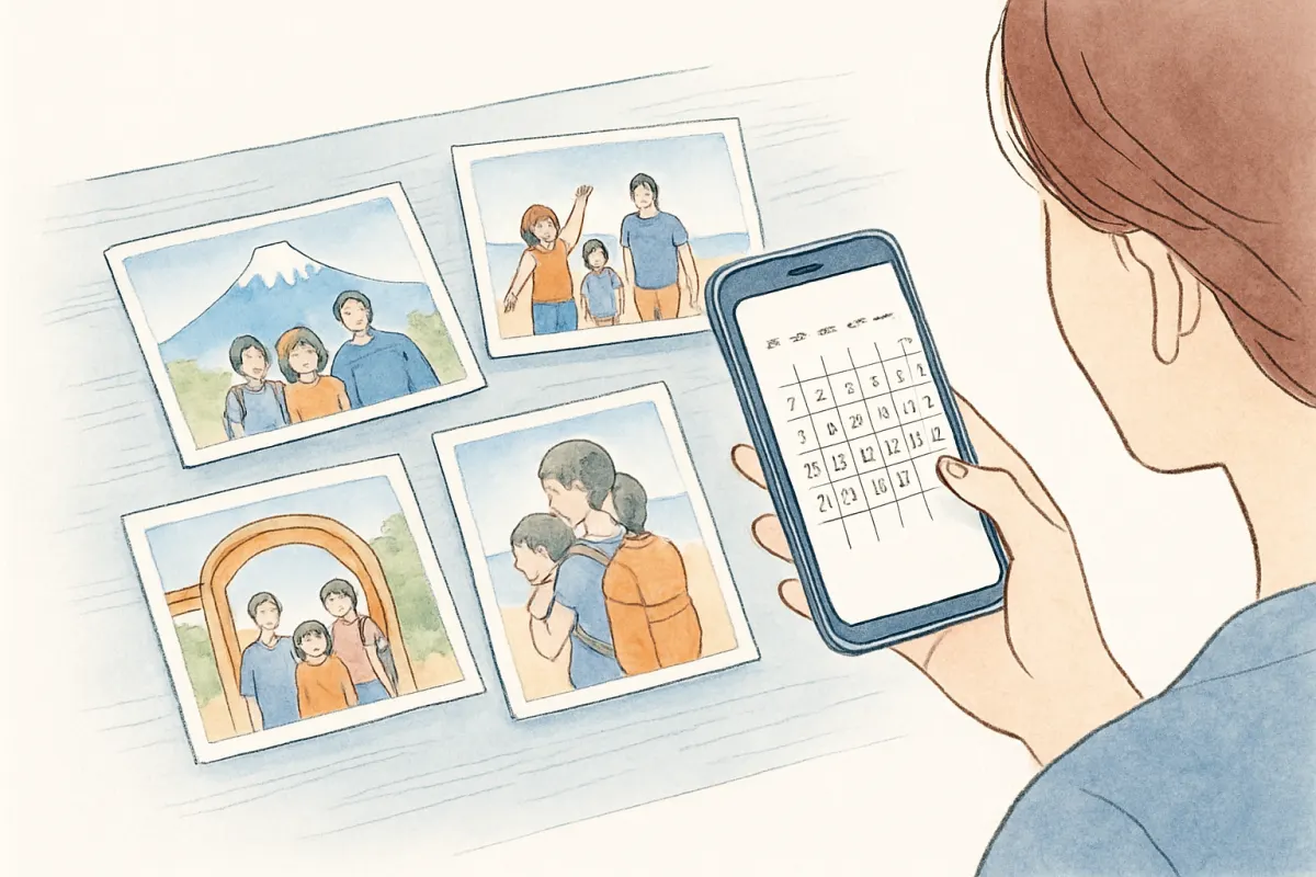 家族写真とカレンダーで夫婦の日常の記録を整理する様子