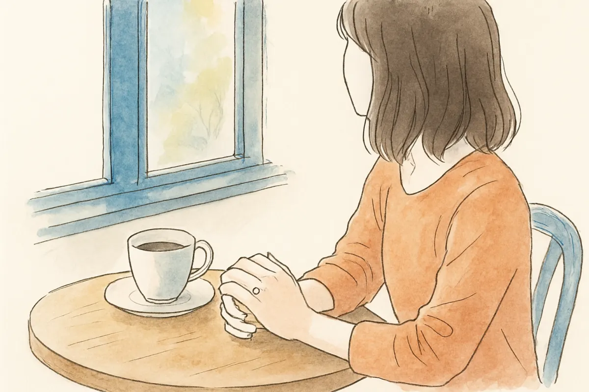 カフェのテーブルで婚約指輪を見つめながら考え込む女性の手元