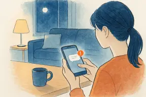 夜のリビングでスマホの通知にふと手を止める女性の手元