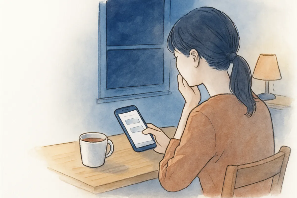 スマホのメッセージ画面を見ながら考え込む様子