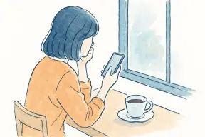 カフェでスマホのマッチングアプリ画面を見つめる女性
