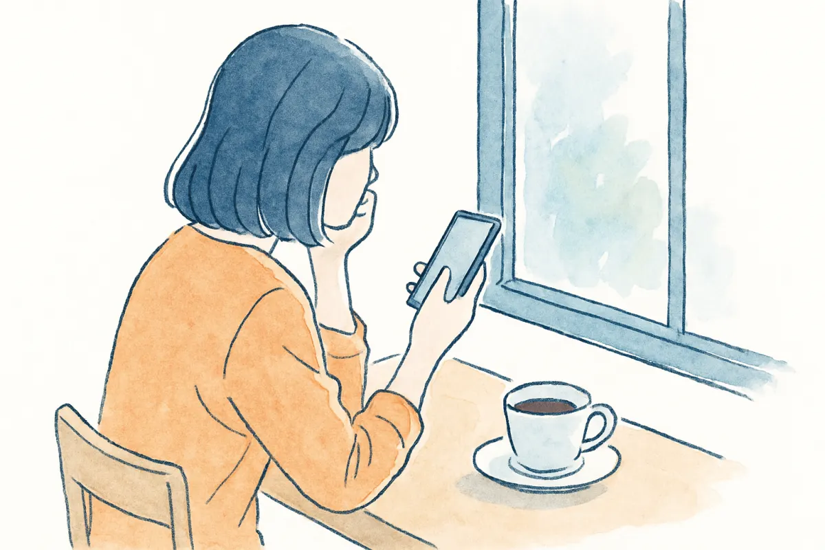 カフェでスマホのマッチングアプリ画面を見つめる女性