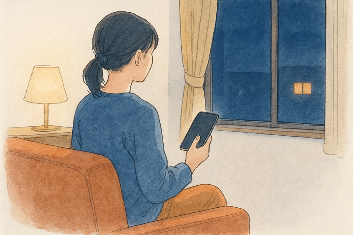 夜のリビングでスマホを手に窓の外を見る女性の後ろ姿