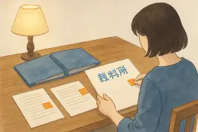 夜のテーブルで家庭裁判所の書類と証拠のファイルを整える女性の手元
