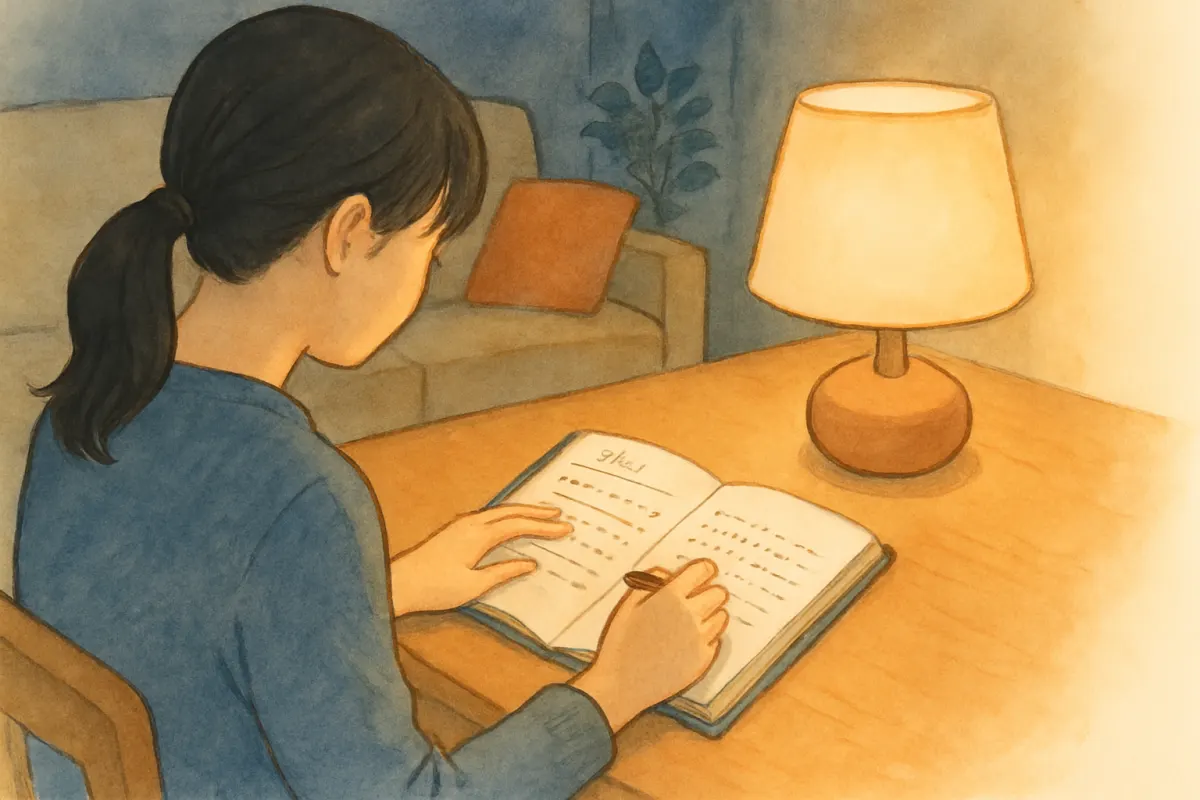 夜のリビングで手帳に記録を書き込む女性の手元