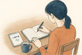 夜のテーブルで日記帳にペンを走らせる女性の手元