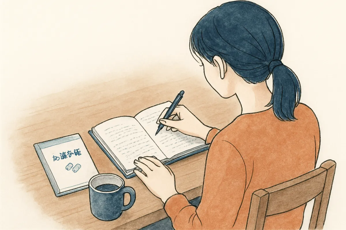 夜のテーブルで日記帳にペンを走らせる女性の手元