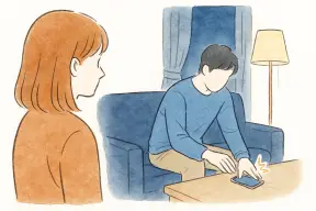 スマホの通知を隠すように画面を伏せる配偶者を見つめる女性