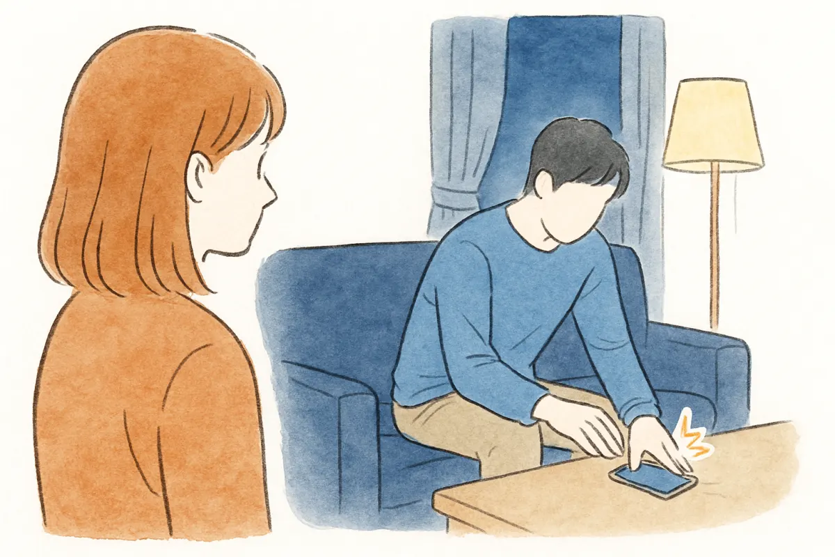 スマホの通知を隠すように画面を伏せる配偶者を見つめる女性