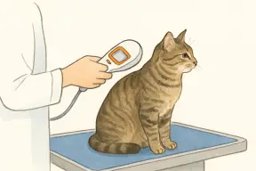 動物病院の診察台で猫の首元に読み取り機をかざす様子