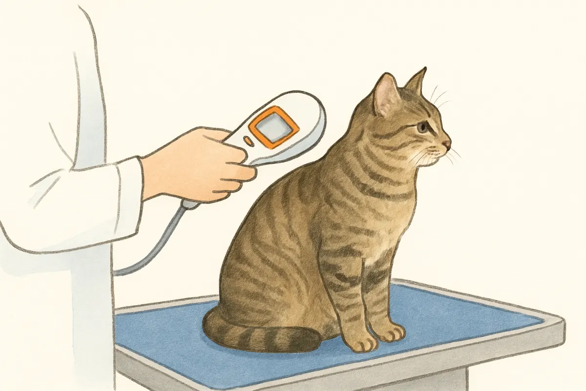 動物病院の診察台で猫の首元に読み取り機をかざす様子
