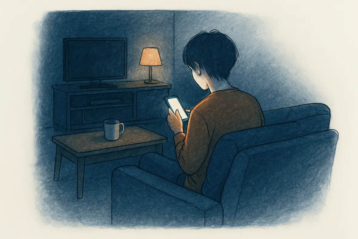 妻が寝たあと深夜にスマホを触る夫のイメージ