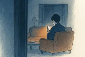 深夜のリビングでスマホの光に照らされる人物と、それを廊下から見つめる気配