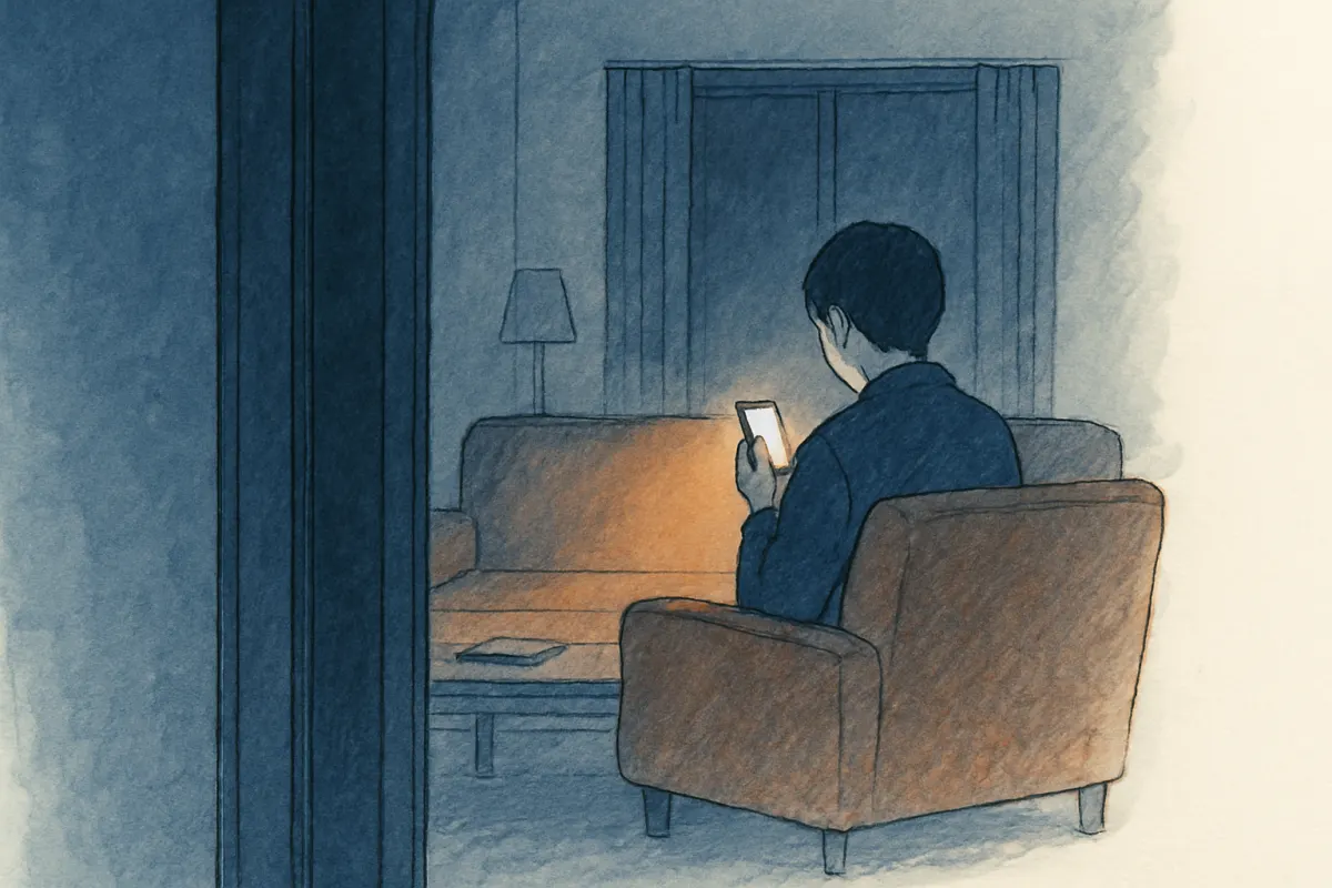 深夜のリビングでスマホの光に照らされる人物と、それを廊下から見つめる気配