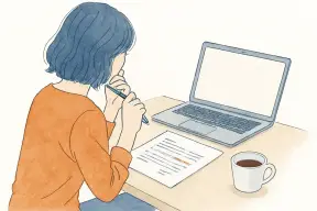 書類とノートパソコンを前に考え込む女性の手元