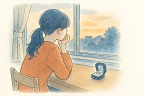 窓辺の机で頬杖をつき考え込む女性の後ろ姿