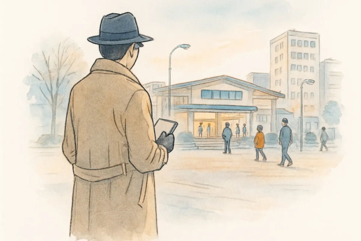 駅前で聞き込みと行動確認を行う調査員のイメージ