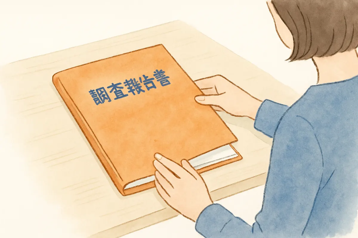 調査報告書を受け取り確認する様子