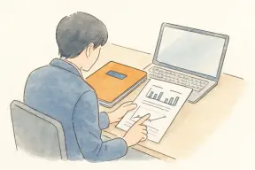書類とノートパソコンを前に調査資料を確認する調査員の手元