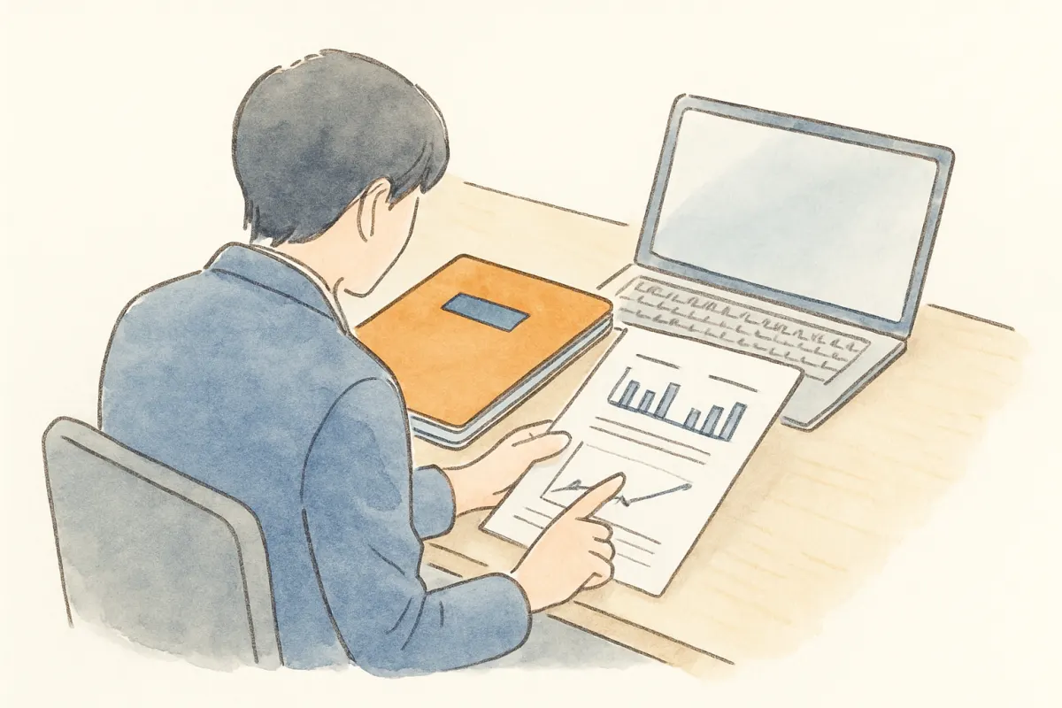 書類とノートパソコンを前に調査資料を確認する調査員の手元