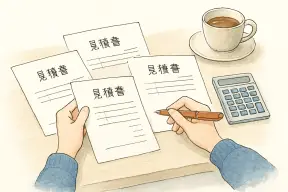 電卓と見積書を前に探偵社の資料を見比べる人の手元