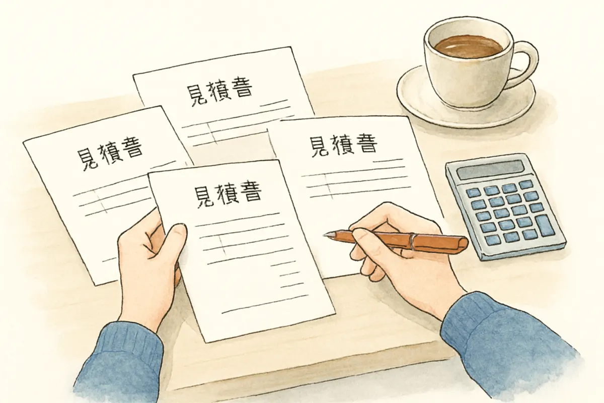 電卓と見積書を前に探偵社の資料を見比べる人の手元