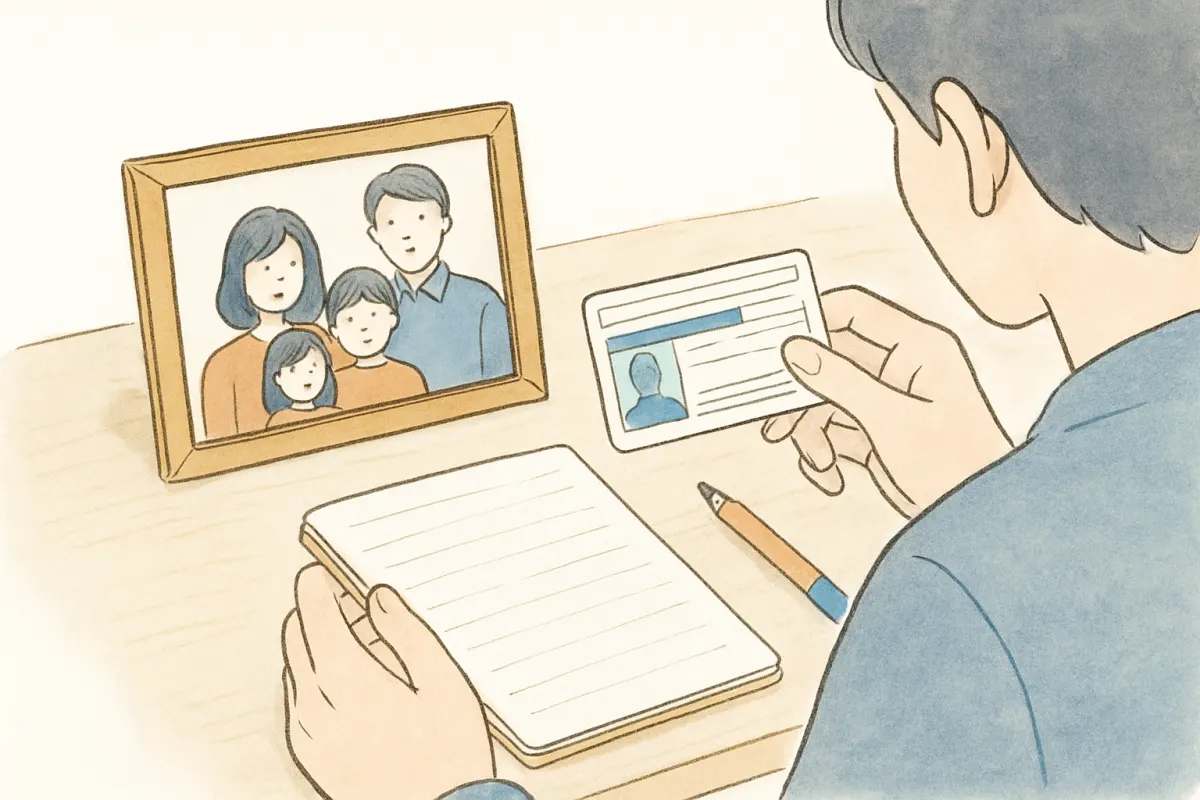 行方不明者届に持参する写真と身分証を準備する様子