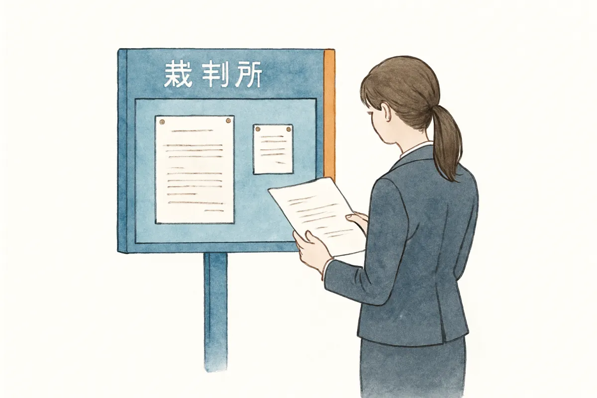 裁判所で公示送達の手続きについて確認する様子