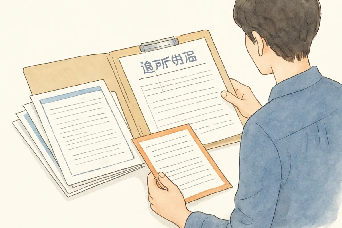 行方不明者届の控えと所在調査の資料を整理する様子