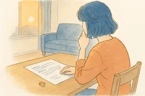 リビングのテーブルで婚姻届の控えと書類を前に考え込む女性