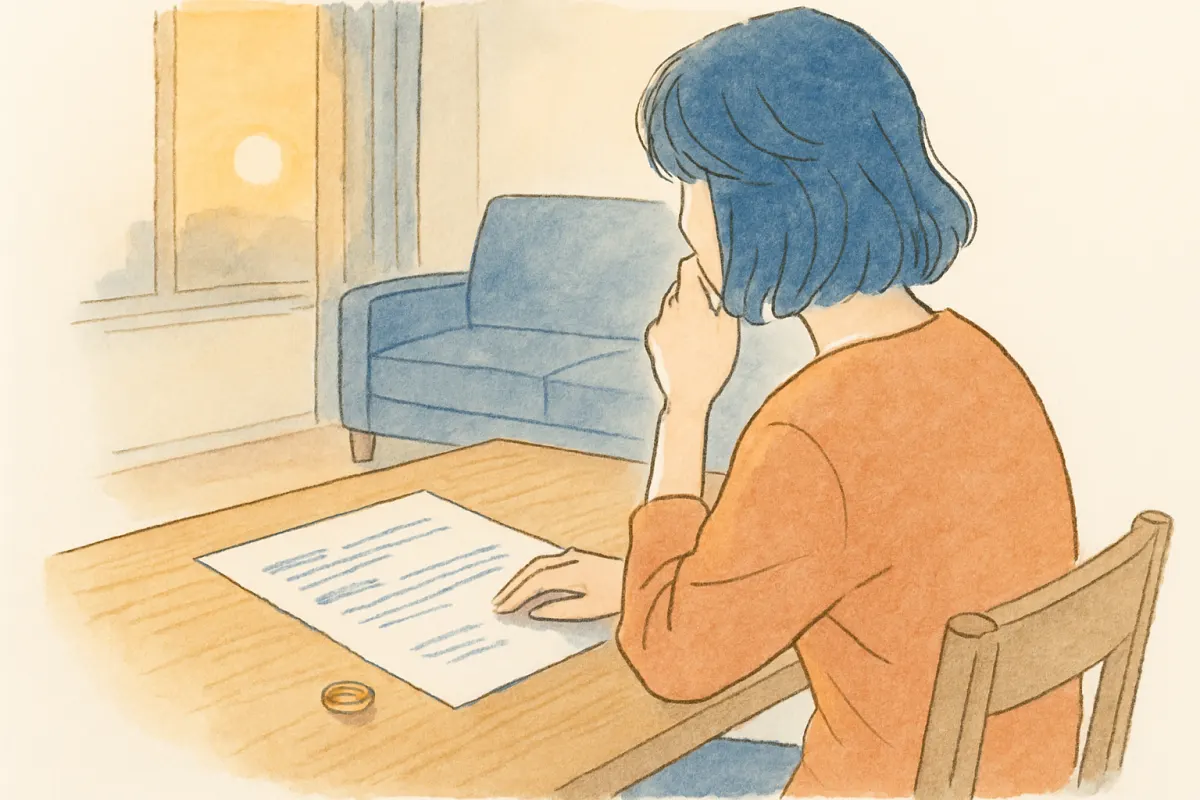 リビングのテーブルで婚姻届の控えと書類を前に考え込む女性
