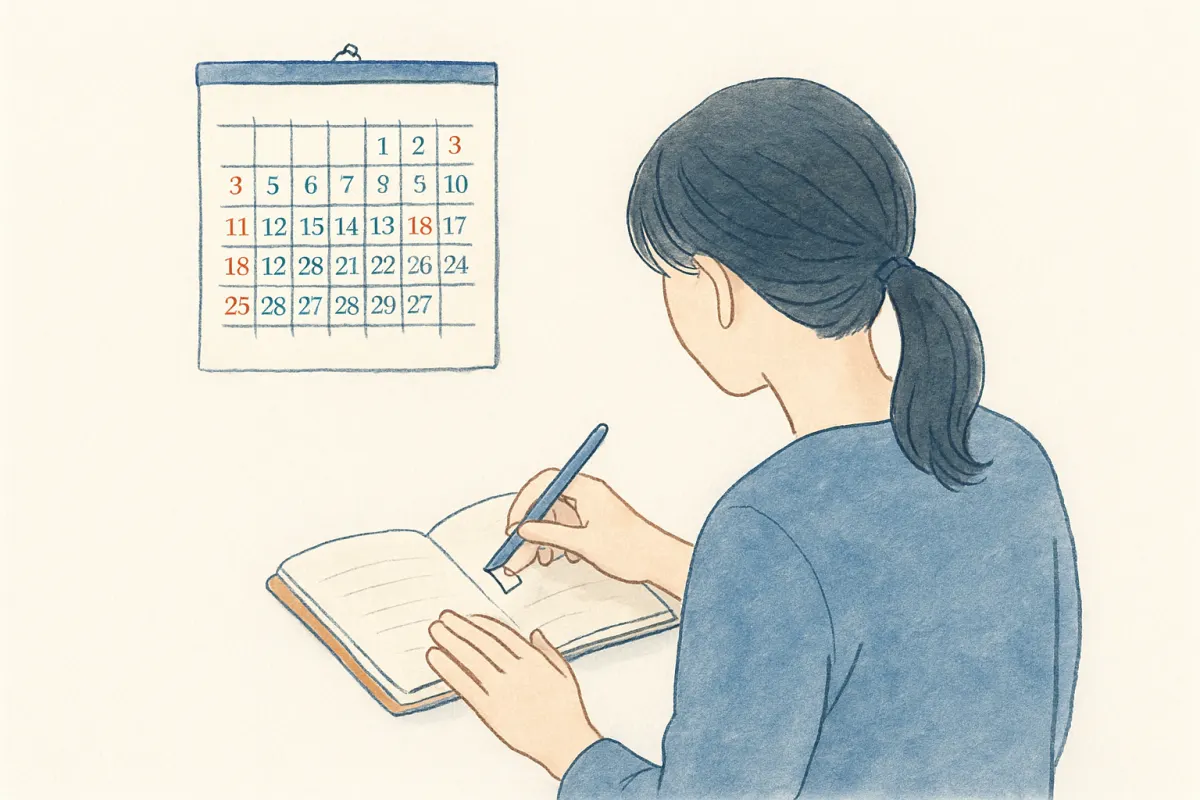 カレンダーを見ながらノートに予定を書き込む女性の手元