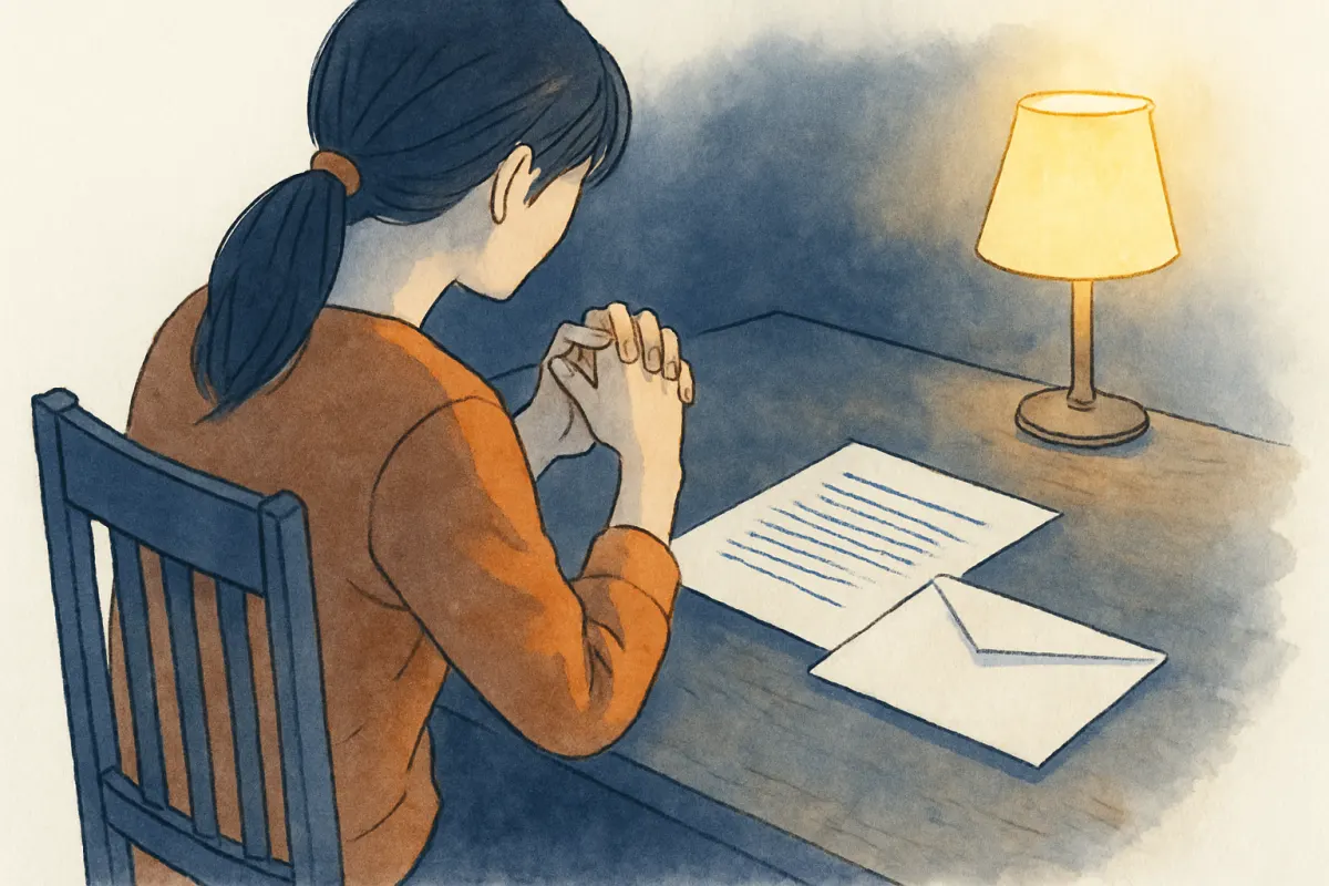 夜のテーブルで封筒と書類を前に考える女性の手元